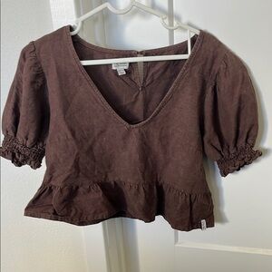 Rhythm Brown Puff Sleeve Smocked Crop Blouse